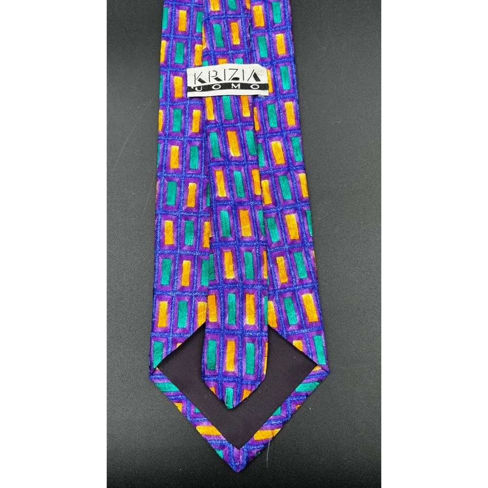 KRIZIA UOMO Silk Tie Mens Purple Colorful Geometric Pattern 100% Silk‎ USA